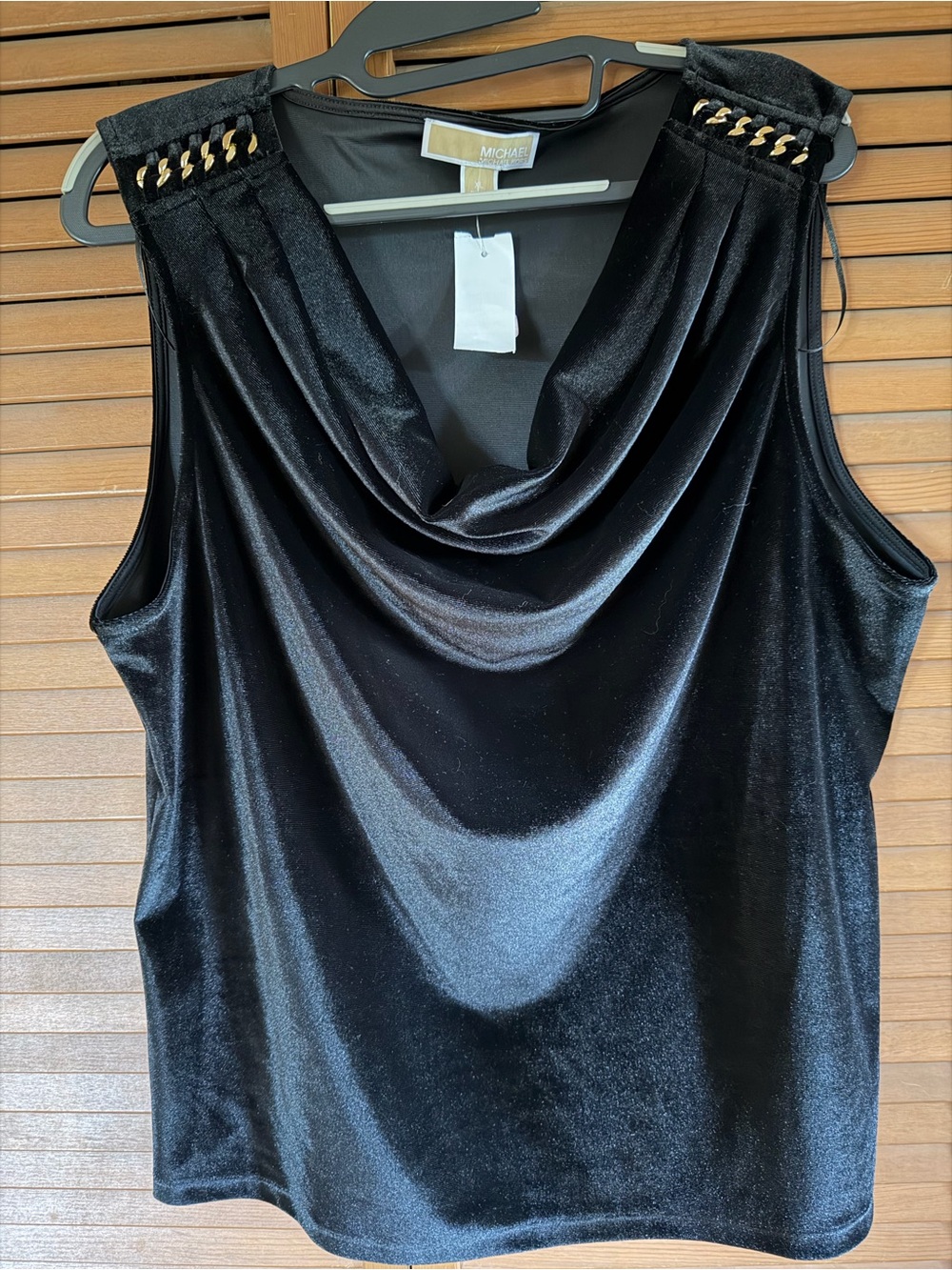 Michael Kors Black Velvet Cowl Neck Sleeveless Top with Gold Chain Detail